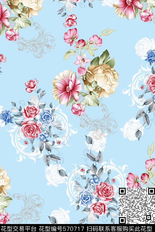清爽底色花卉数码印花华亿平台下载（图片编号: 570717） - 瓦栏（Walan）