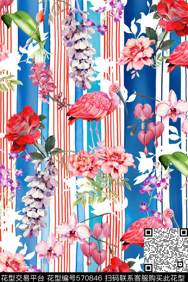 手绘花卉鸟数码印花华亿平台下载（图片编号: 570846） - 瓦栏（Walan）