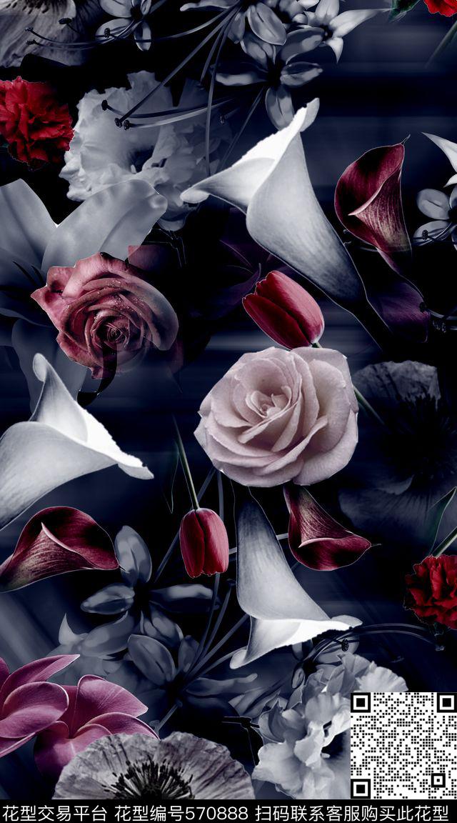 黑白立体花卉模糊数码印花华亿平台下载（图片编号: 570888） - 瓦栏（Walan）