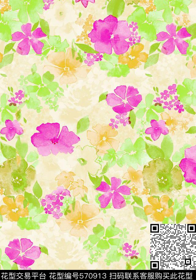 原创手绘水彩花卉女装数码印花华亿平台下载（图片编号: 570913） - 瓦栏（Walan）