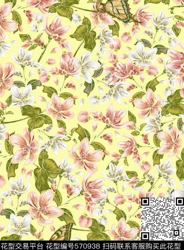 复古蝴蝶花卉传统印花华亿平台下载（图片编号: 570938） - 瓦栏（Walan）