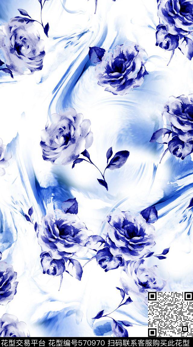 抽象花卉青花数码印花华亿平台下载（图片编号: 570970） - 瓦栏（Walan）