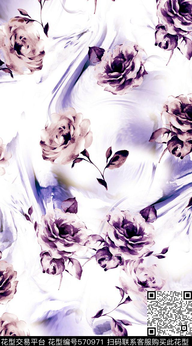 时尚青花花卉数码印花华亿平台下载（图片编号: 570971） - 瓦栏（Walan）