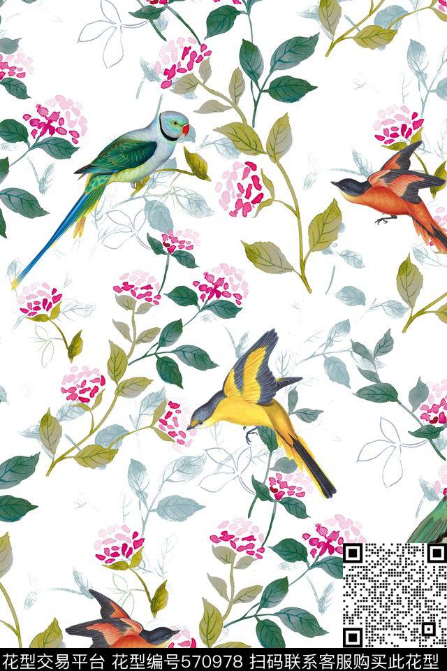 花卉小鸟纯色底数码印花华亿平台下载（图片编号: 570978） - 瓦栏（Walan）