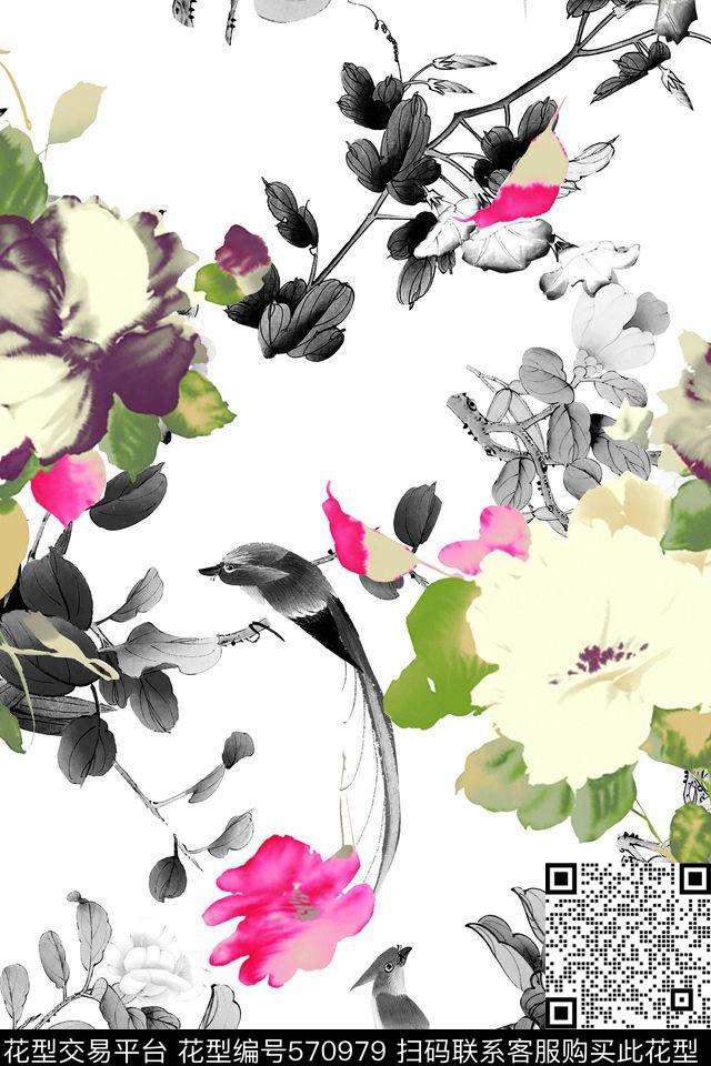 休闲水彩花鸟连衣裙数码印花华亿平台下载（图片编号: 570979） - 瓦栏（Walan）