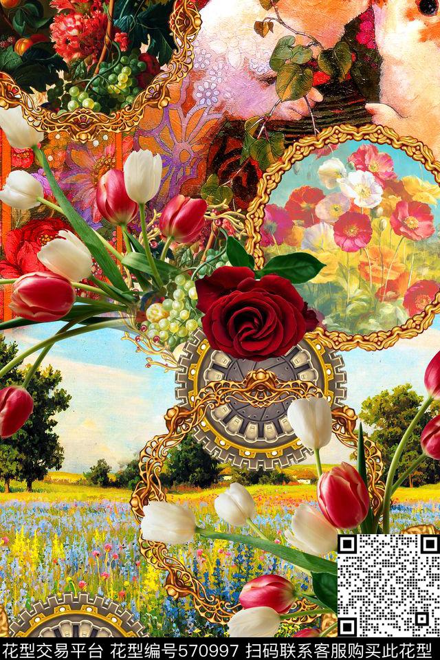 欧式宫廷风油画花卉定位数码印花华亿平台下载（图片编号: 570997） - 瓦栏（Walan）