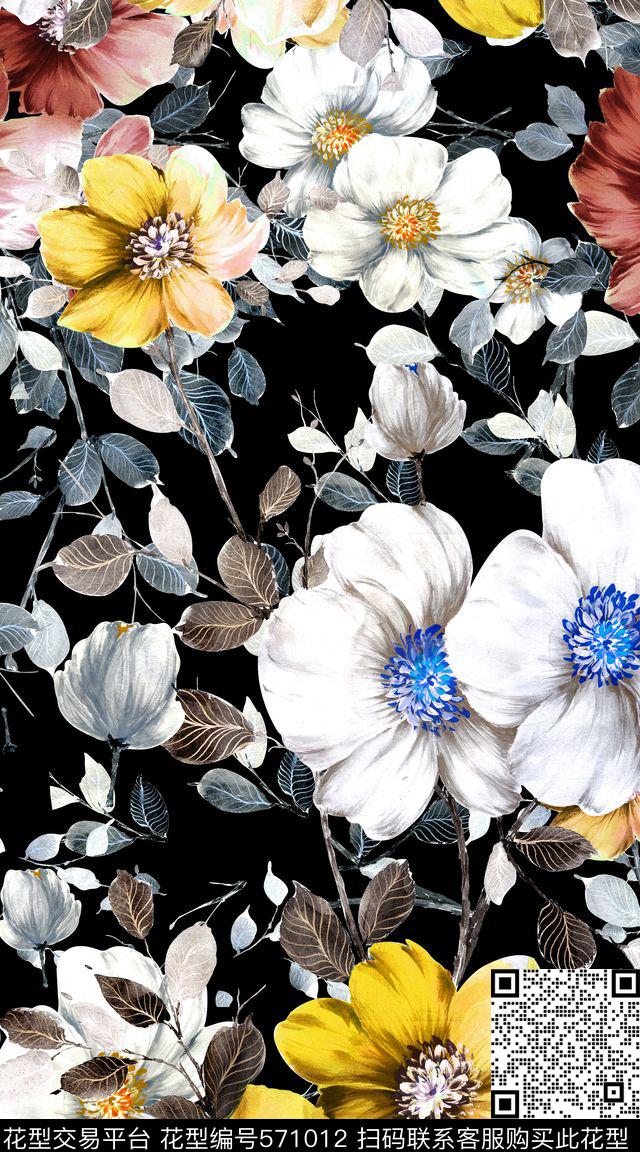 潮流服装黑底花卉数码印花华亿平台下载（图片编号: 571012） - 瓦栏（Walan）