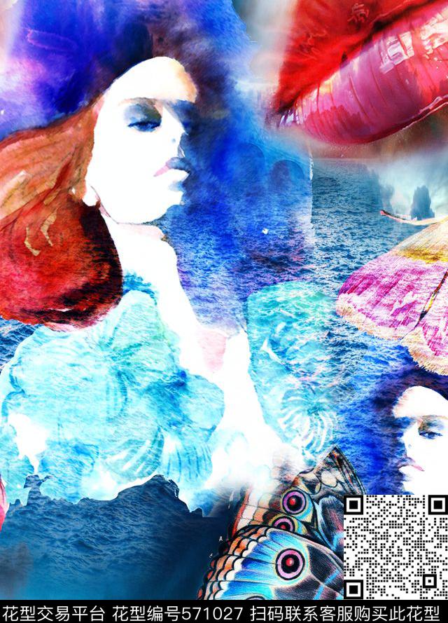 抽象男装女装手绘幻影美人红唇数码印花华亿平台下载（图片编号: 571027） - 瓦栏（Walan）