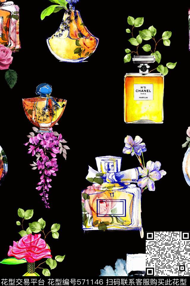 花卉香水瓶水彩画数码印花华亿平台下载（图片编号: 571146） - 瓦栏（Walan）