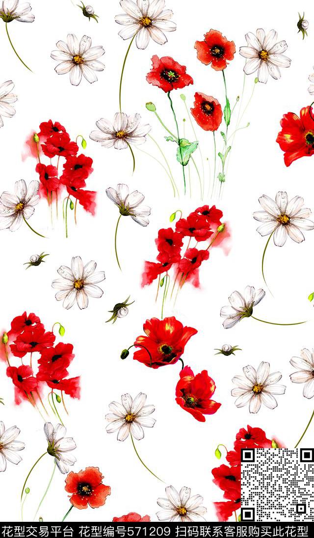 大牌小雏菊罂粟花数码印花华亿平台下载（图片编号: 571209） - 瓦栏（Walan）