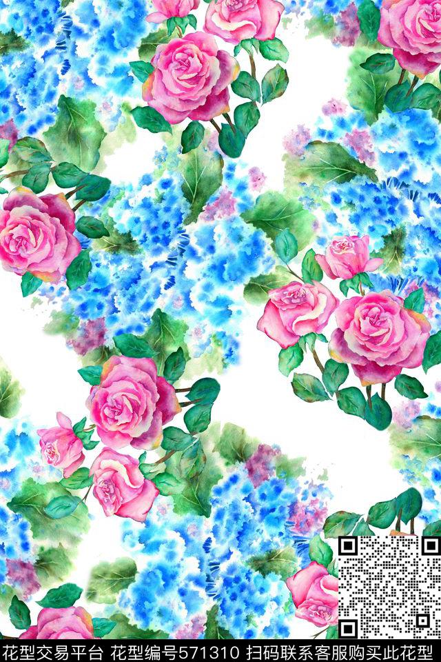 时尚潮流水彩花卉春夏数码印花华亿平台下载（图片编号: 571310） - 瓦栏（Walan）
