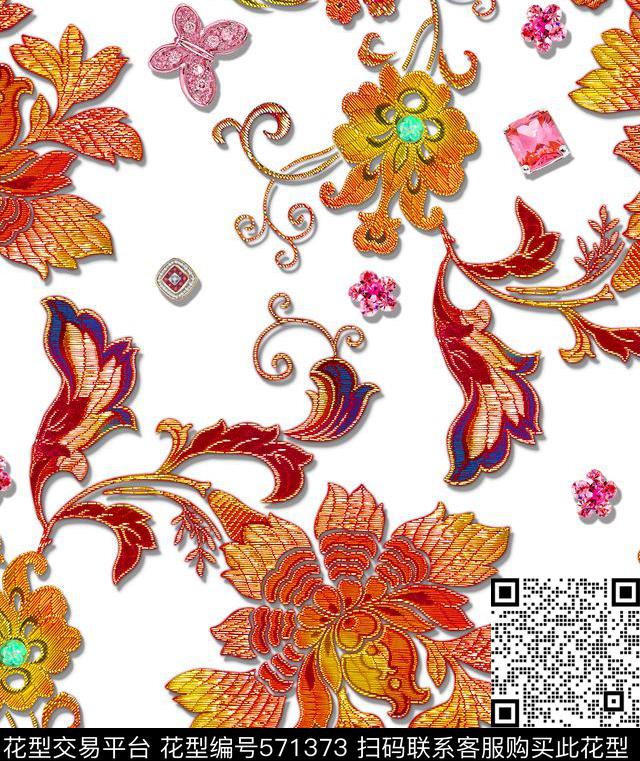 潮流时尚花卉水钻金丝绣花花卉数码印花华亿平台下载（图片编号: 571373） - 瓦栏（Walan）