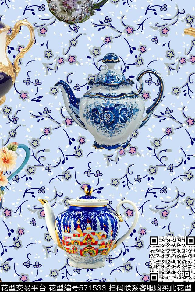 时尚大牌欧美风格茶壶小碎花数码印花华亿平台下载（图片编号: 571533） - 瓦栏（Walan）