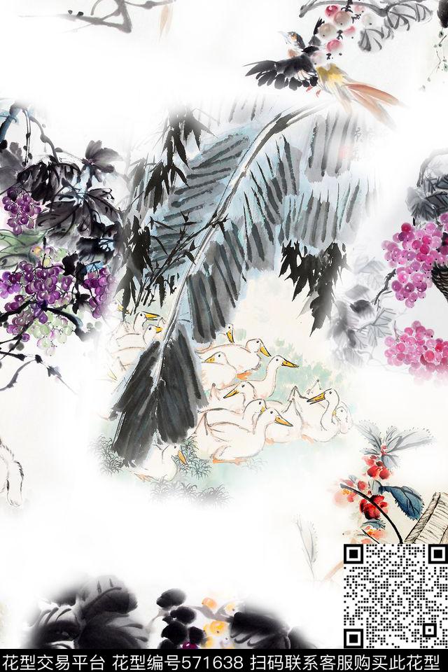 中国风绘画水墨花卉数码印花华亿平台下载（图片编号: 571638） - 瓦栏（Walan）