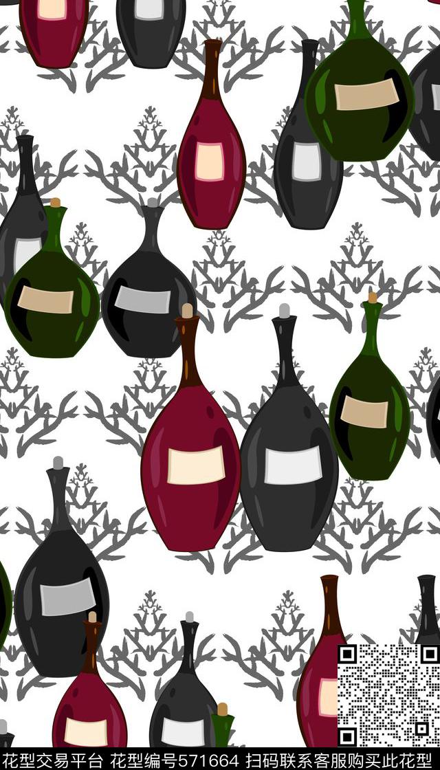 时尚休闲手绘花纹玻璃瓶数码印花华亿平台下载（图片编号: 571664） - 瓦栏（Walan）