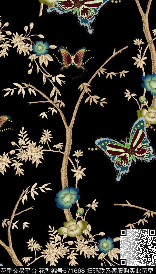 花卉时尚复古手绘花纹花枝数码印花华亿平台下载（图片编号: 571668） - 瓦栏（Walan）