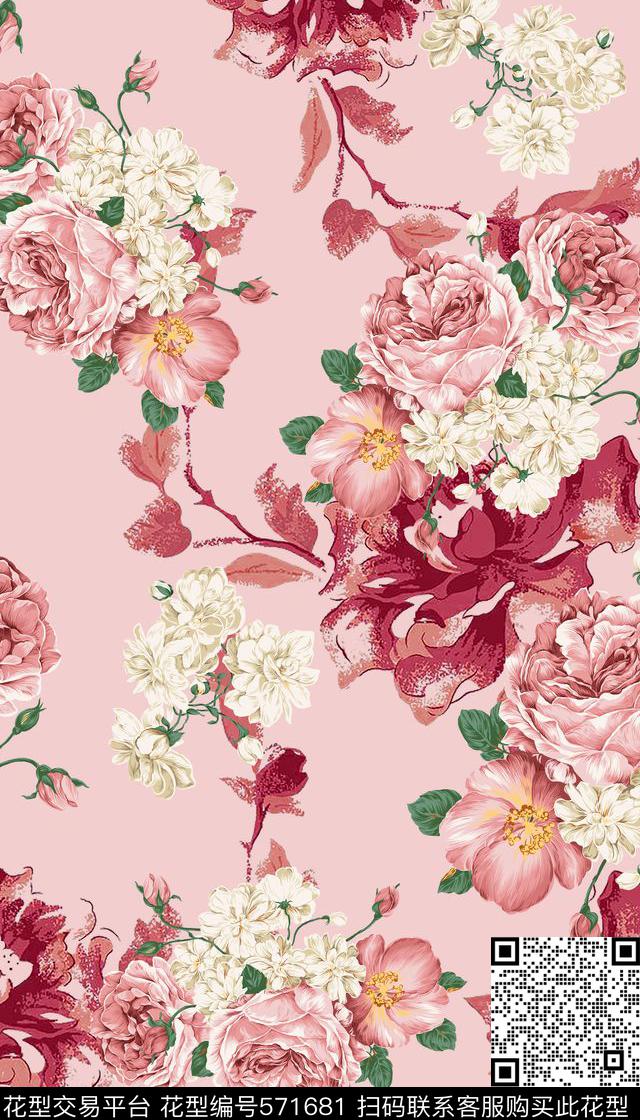 服装花簇花卉传统印花华亿平台下载（图片编号: 571681） - 瓦栏（Walan）