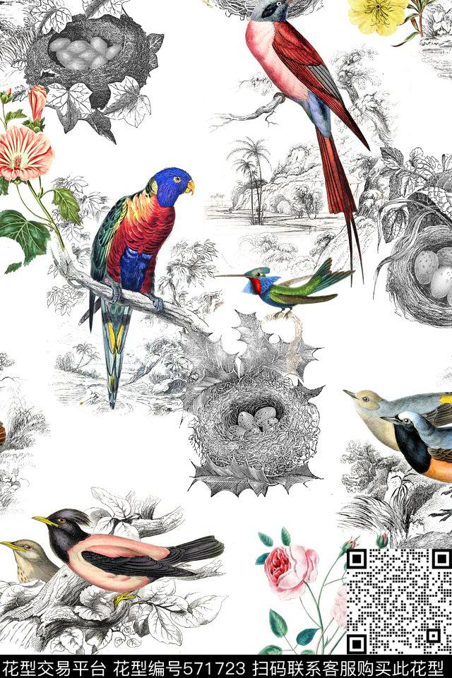 时尚小鸟线描风景数码印花华亿平台下载（图片编号: 571723） - 瓦栏（Walan）