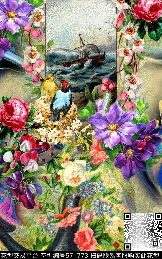 欧式复古花卉数码印花华亿平台下载（图片编号: 571773） - 瓦栏（Walan）