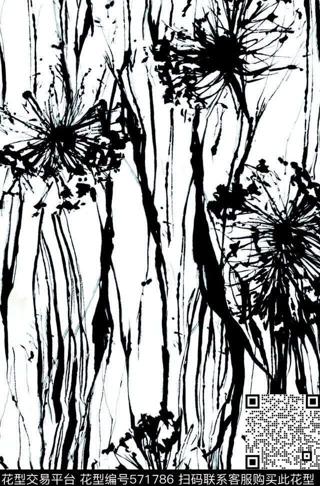 水墨抽象花卉小翠花传统印花华亿平台下载（图片编号: 571786） - 瓦栏（Walan）