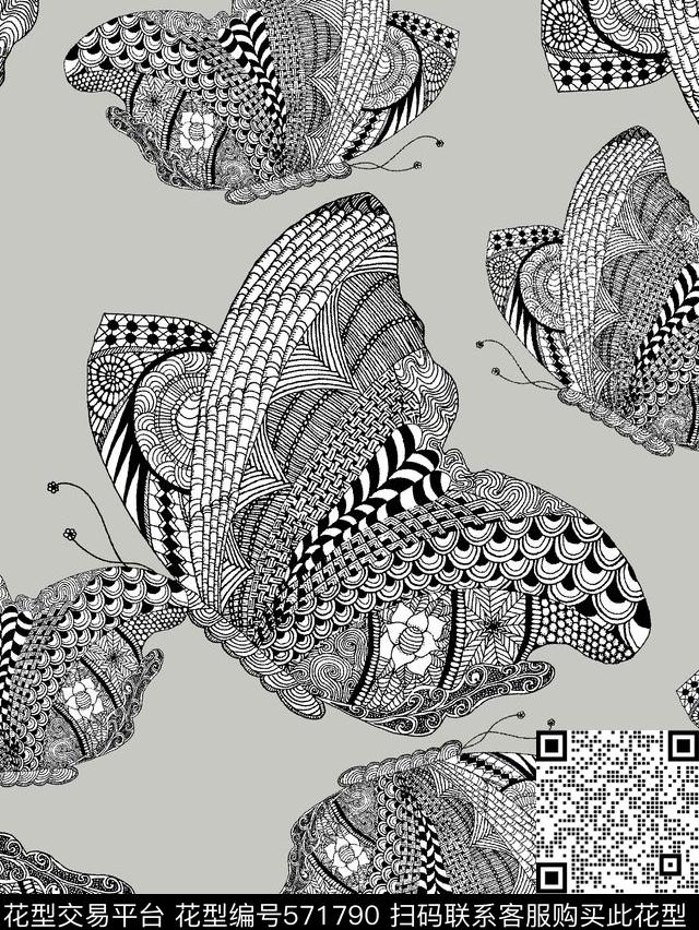 潮流大牌抽象线条蝴蝶复古男装图案传统印花华亿平台下载（图片编号: 571790） - 瓦栏（Walan）