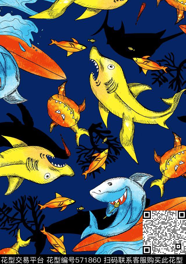 时尚卡通鲨鱼趣味手绘鲨鱼时尚童装传统印花华亿平台下载（图片编号: 571860） - 瓦栏（Walan）