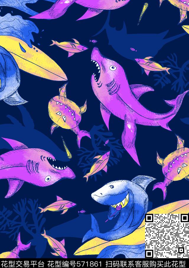 时尚卡通鲨鱼趣味手绘鲨鱼时尚童装传统印花华亿平台下载（图片编号: 571861） - 瓦栏（Walan）