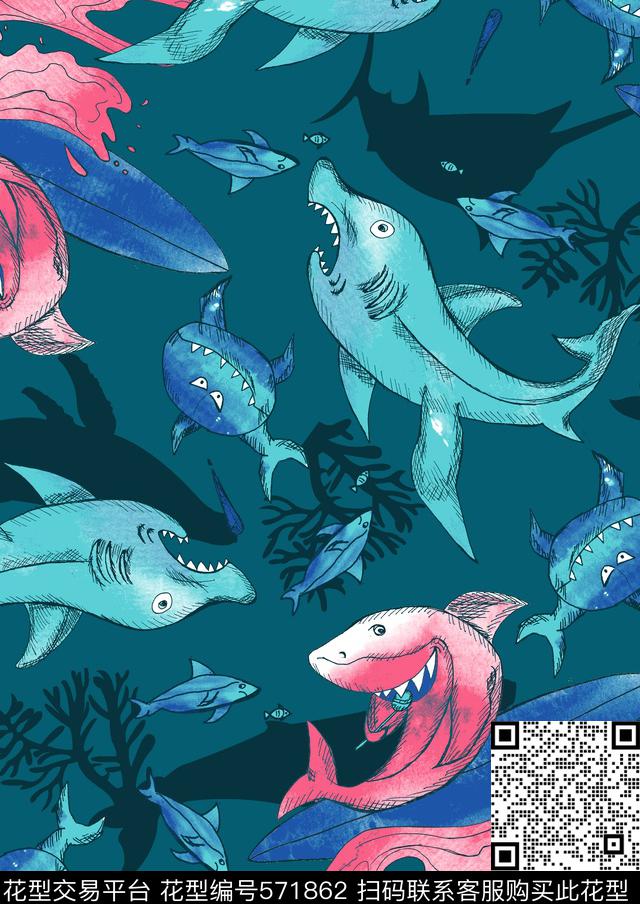 时尚卡通鲨鱼趣味手绘鲨鱼时尚童装传统印花华亿平台下载（图片编号: 571862） - 瓦栏（Walan）