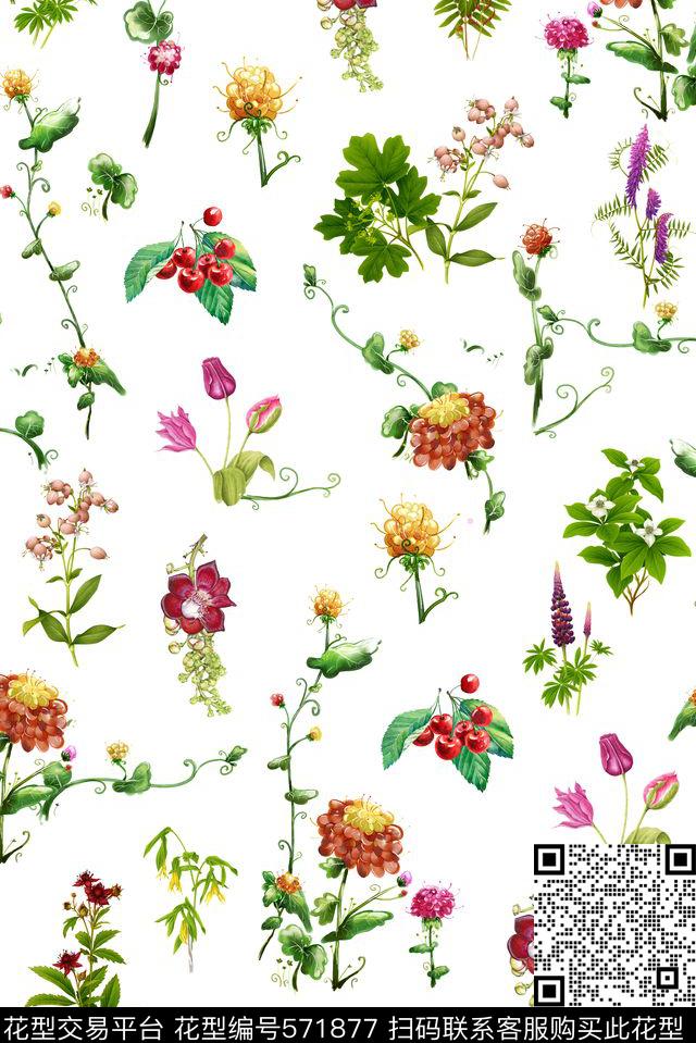 手绘花卉花草数码印花华亿平台下载（图片编号: 571877） - 瓦栏（Walan）