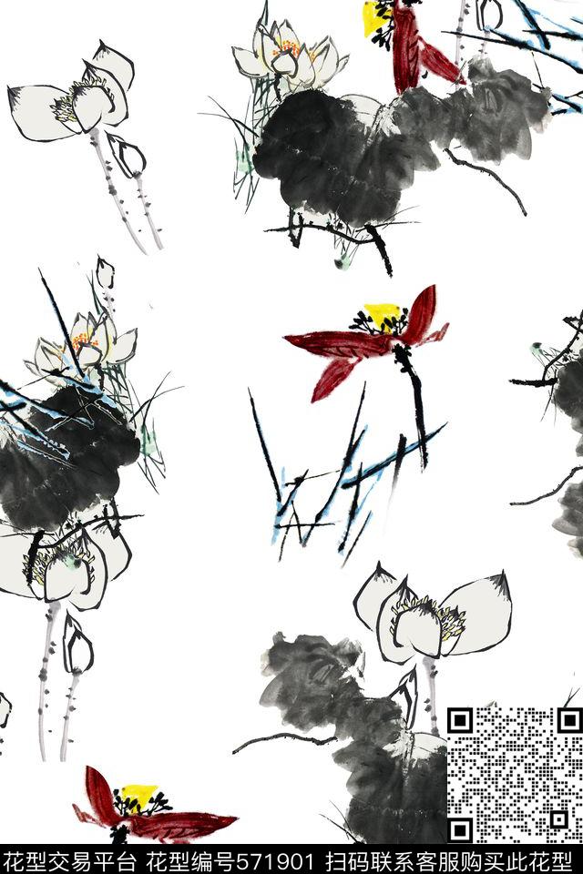 中国风水墨荷花旗袍华亿平台数码印花华亿平台下载（图片编号: 571901） - 瓦栏（Walan）