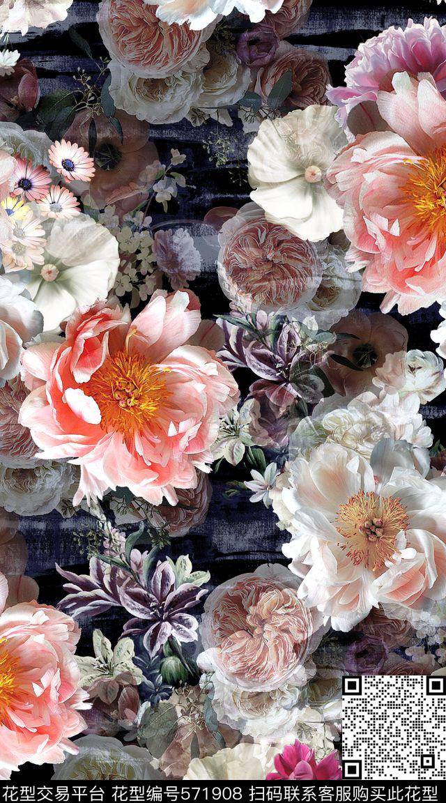 抽象时尚大牌服装面料欧式底纹油画花卉组合创意数码印花华亿平台下载（图片编号: 571908） - 瓦栏（Walan）