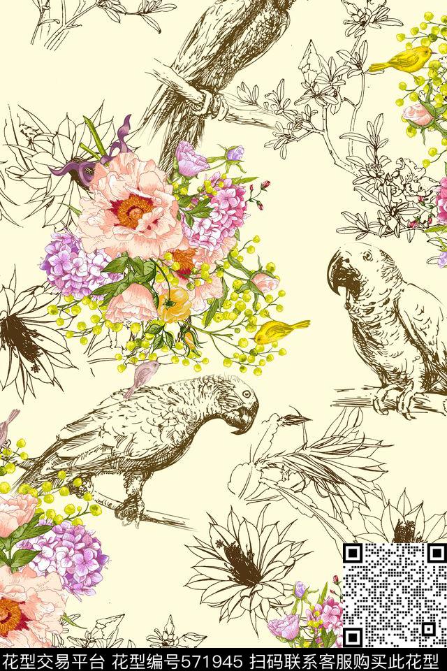 清新水彩花鸟钢笔速写鸟数码印花华亿平台下载（图片编号: 571945） - 瓦栏（Walan）