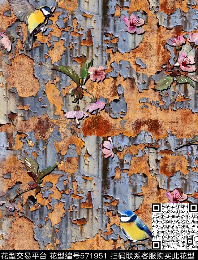 树纹花卉鸟数码印花华亿平台下载（图片编号: 571951） - 瓦栏（Walan）