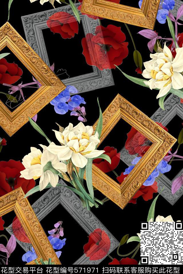 纯色底欧式相框花卉数码印花华亿平台下载（图片编号: 571971） - 瓦栏（Walan）