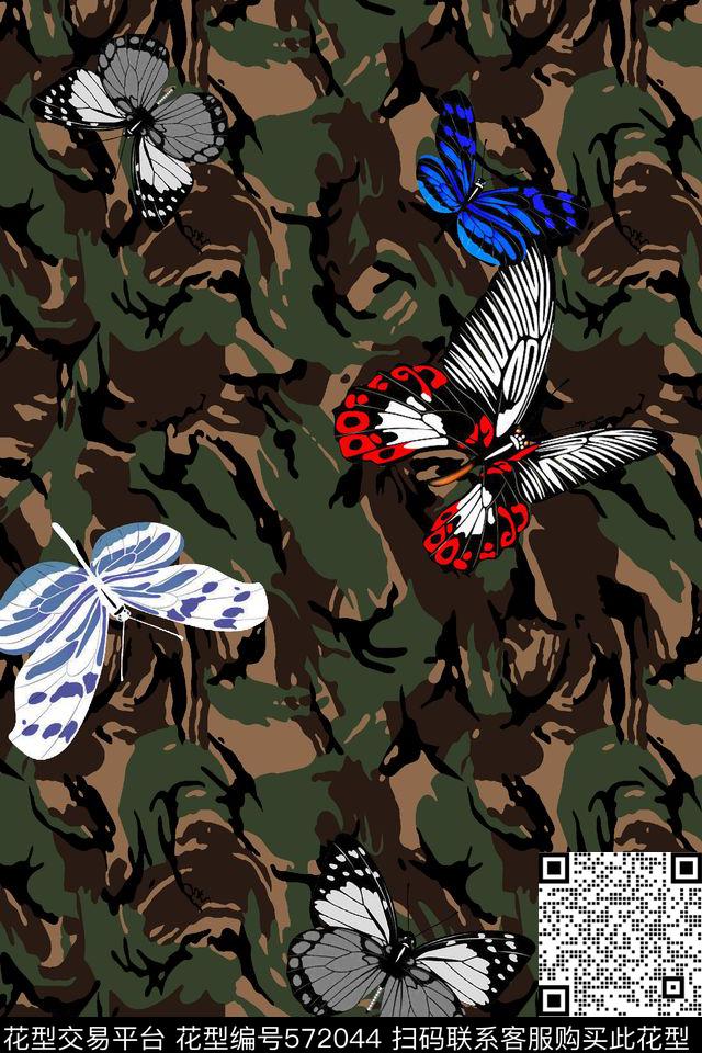 蝴蝶华伦天奴风格迷彩传统印花华亿平台下载（图片编号: 572044） - 瓦栏（Walan）