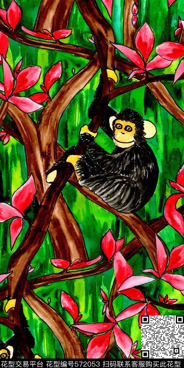 动物男装女装手绘热带灌木嬉戏猴水彩花卉数码印花华亿平台下载（图片编号: 572053） - 瓦栏（Walan）