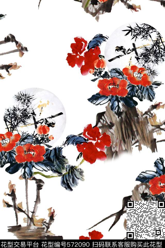 中国风水墨花卉旗袍华亿平台数码印花华亿平台下载（图片编号: 572090） - 瓦栏（Walan）