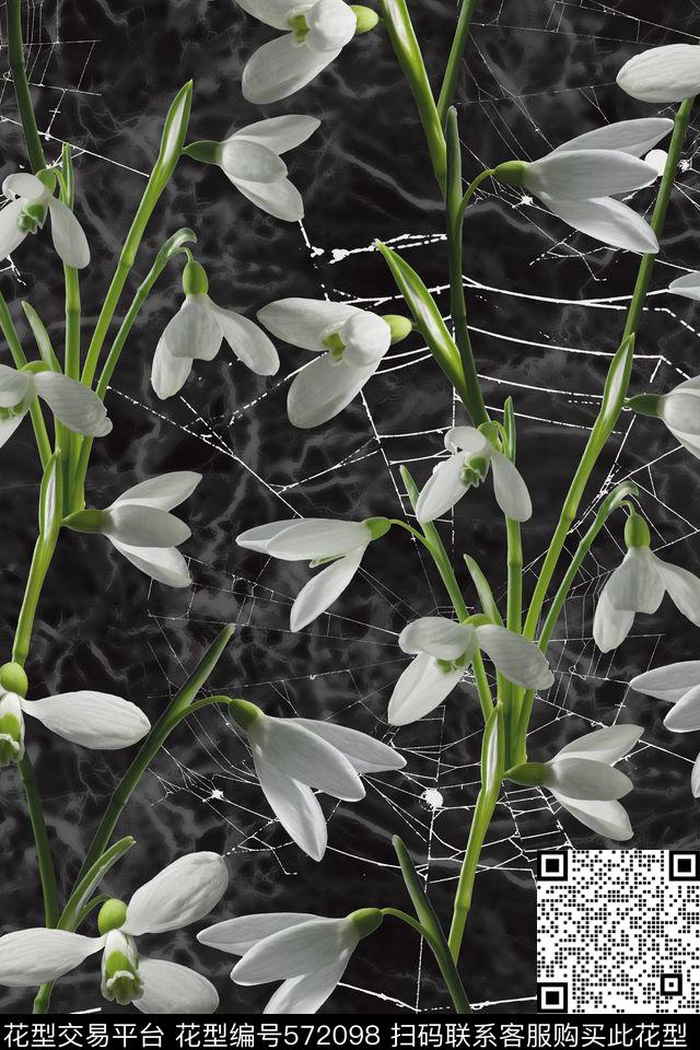 甜美清新大理石底纹蜘蛛网白色小花清新素雅华亿平台数码印花华亿平台下载（图片编号: 572098） - 瓦栏（Walan）