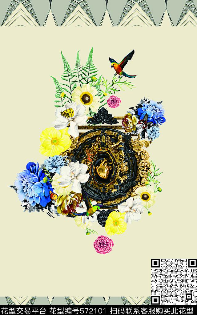 欧式复古花卉鸟儿数码印花华亿平台下载（图片编号: 572101） - 瓦栏（Walan）