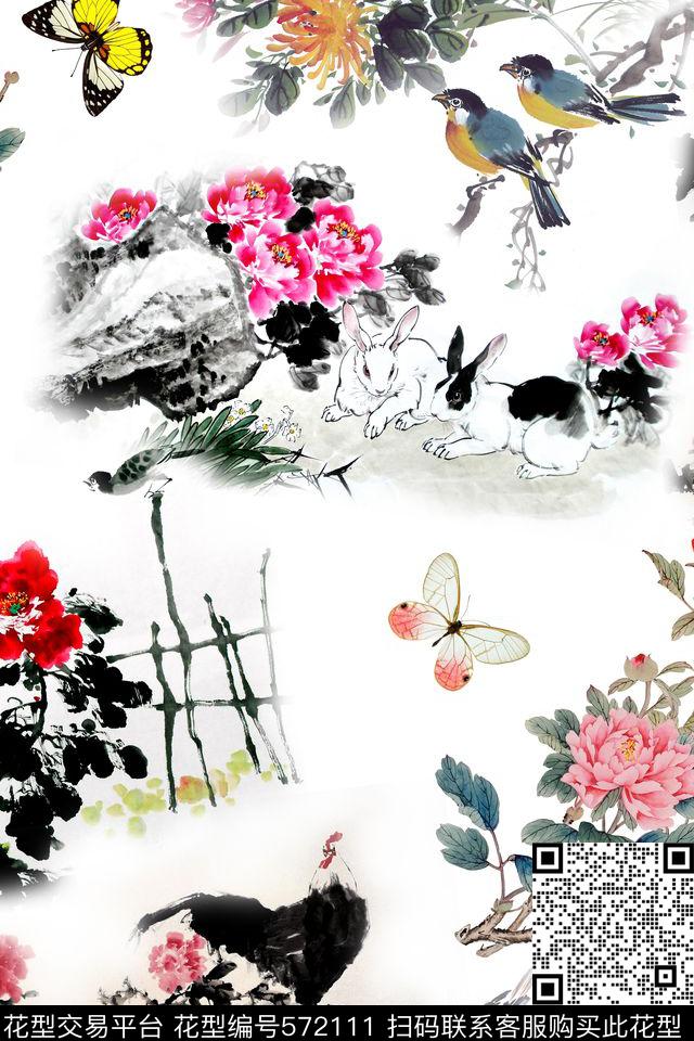 中国风国画花卉组合连衣裙数码印花华亿平台下载（图片编号: 572111） - 瓦栏（Walan）