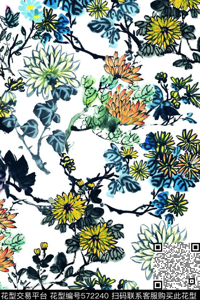 女装连衣裙短裙衬衫礼服手绘水彩水墨中国风雏菊花卉大牌秋菊欧美I【花卉】数码印花华亿平台下载（图片编号: 572240） - 瓦栏（Walan）