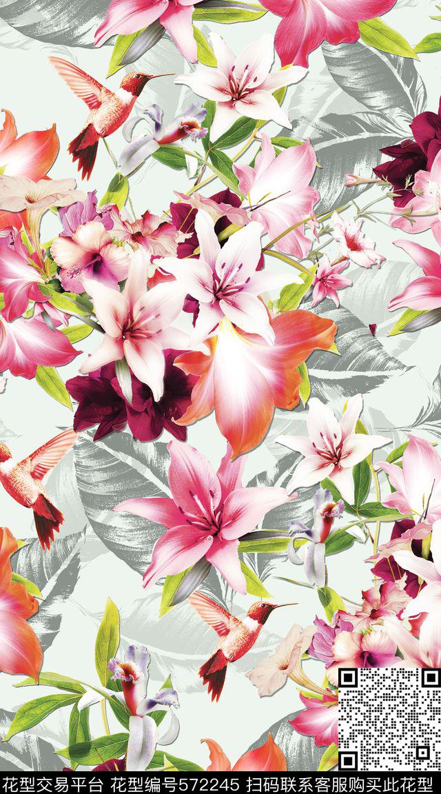 创意时尚花卉喷绘满版黑白剪影花树叶服装面料数码印花华亿平台下载（图片编号: 572245） - 瓦栏（Walan）