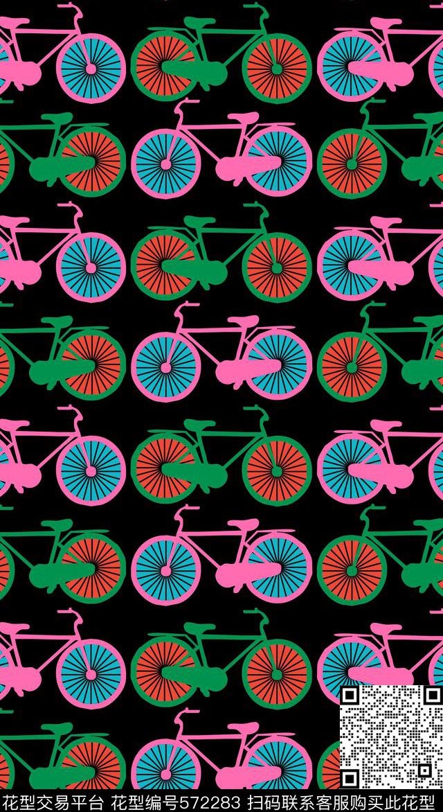 写意自行车纯色底传统印花华亿平台下载（图片编号: 572283） - 瓦栏（Walan）