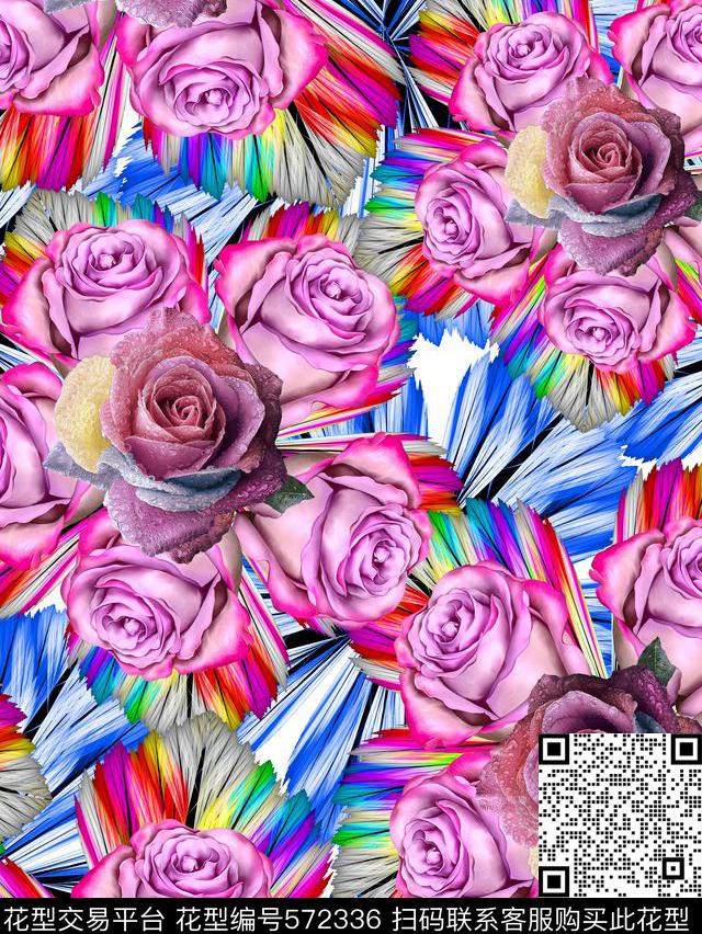 手绘绚丽幻彩花瓣玫瑰休闲风格泳装印花数码印花华亿平台下载（图片编号: 572336） - 瓦栏（Walan）