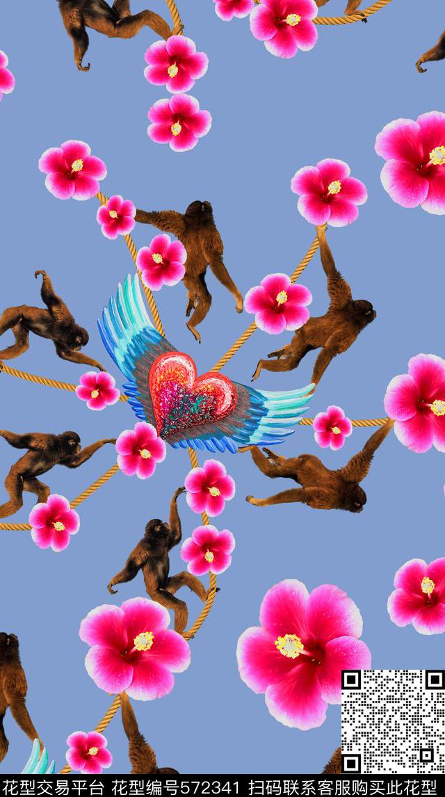 动物木嬉戏猴走绳索花卉男装女装数码印花华亿平台下载（图片编号: 572341） - 瓦栏（Walan）