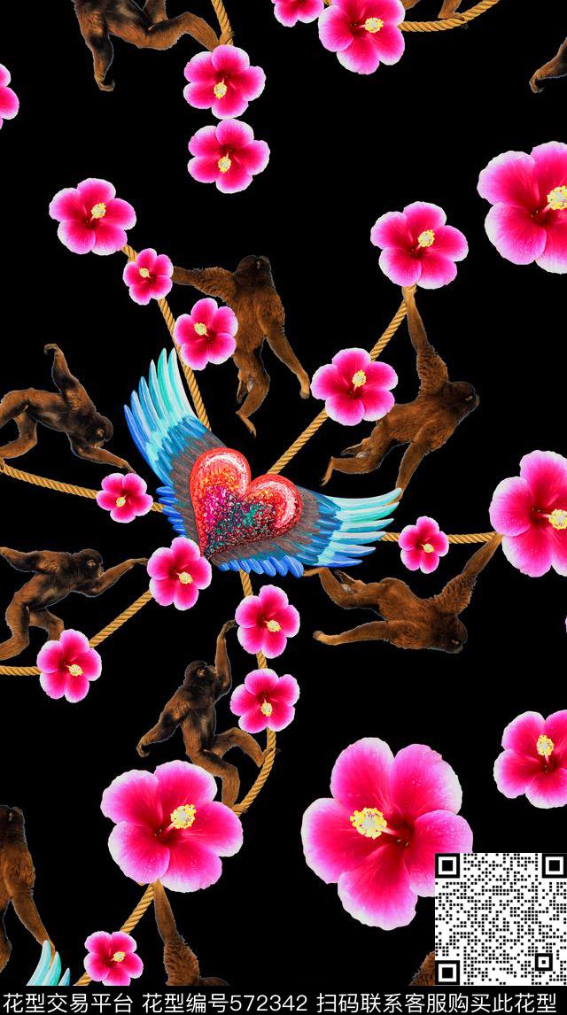 动物木嬉戏猴走绳索花卉男装女装数码印花华亿平台下载（图片编号: 572342） - 瓦栏（Walan）