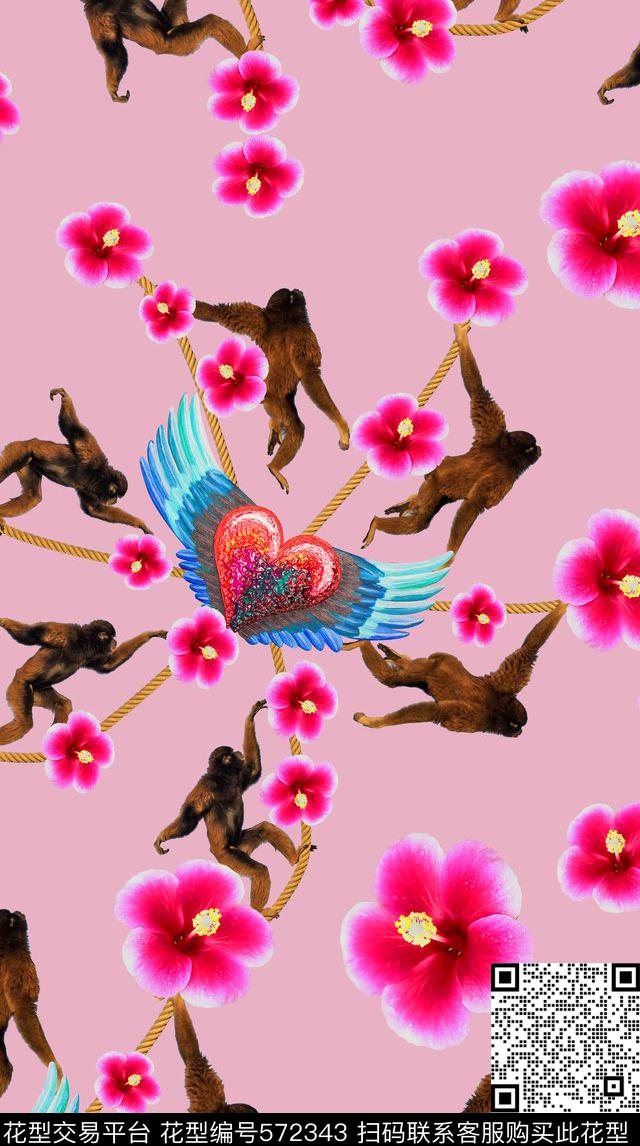 动物木嬉戏猴走绳索花卉男装女装数码印花华亿平台下载（图片编号: 572343） - 瓦栏（Walan）