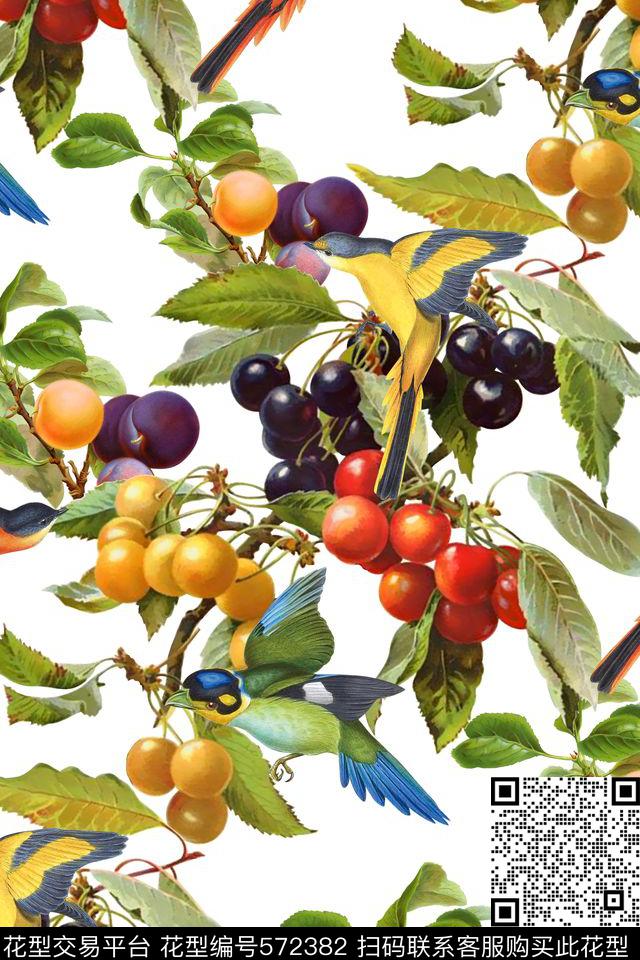 纯色底小鸟水果数码印花华亿平台下载（图片编号: 572382） - 瓦栏（Walan）
