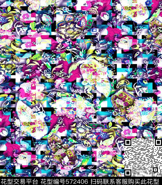 抽象抽象几何花卉休闲数码印花华亿平台下载（图片编号: 572406） - 瓦栏（Walan）