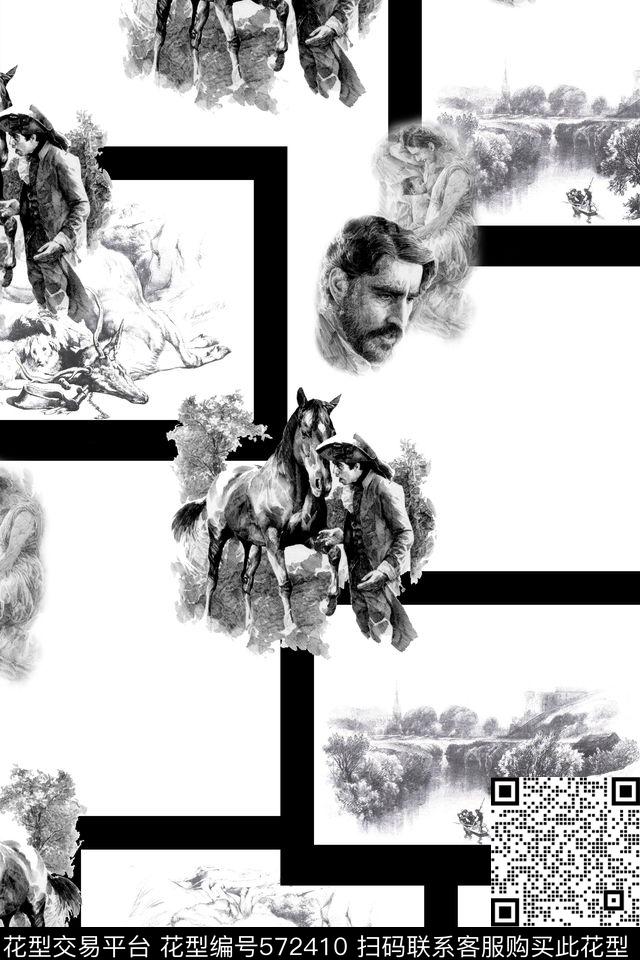 欧式几何线条人物风景绘画数码印花华亿平台下载（图片编号: 572410） - 瓦栏（Walan）